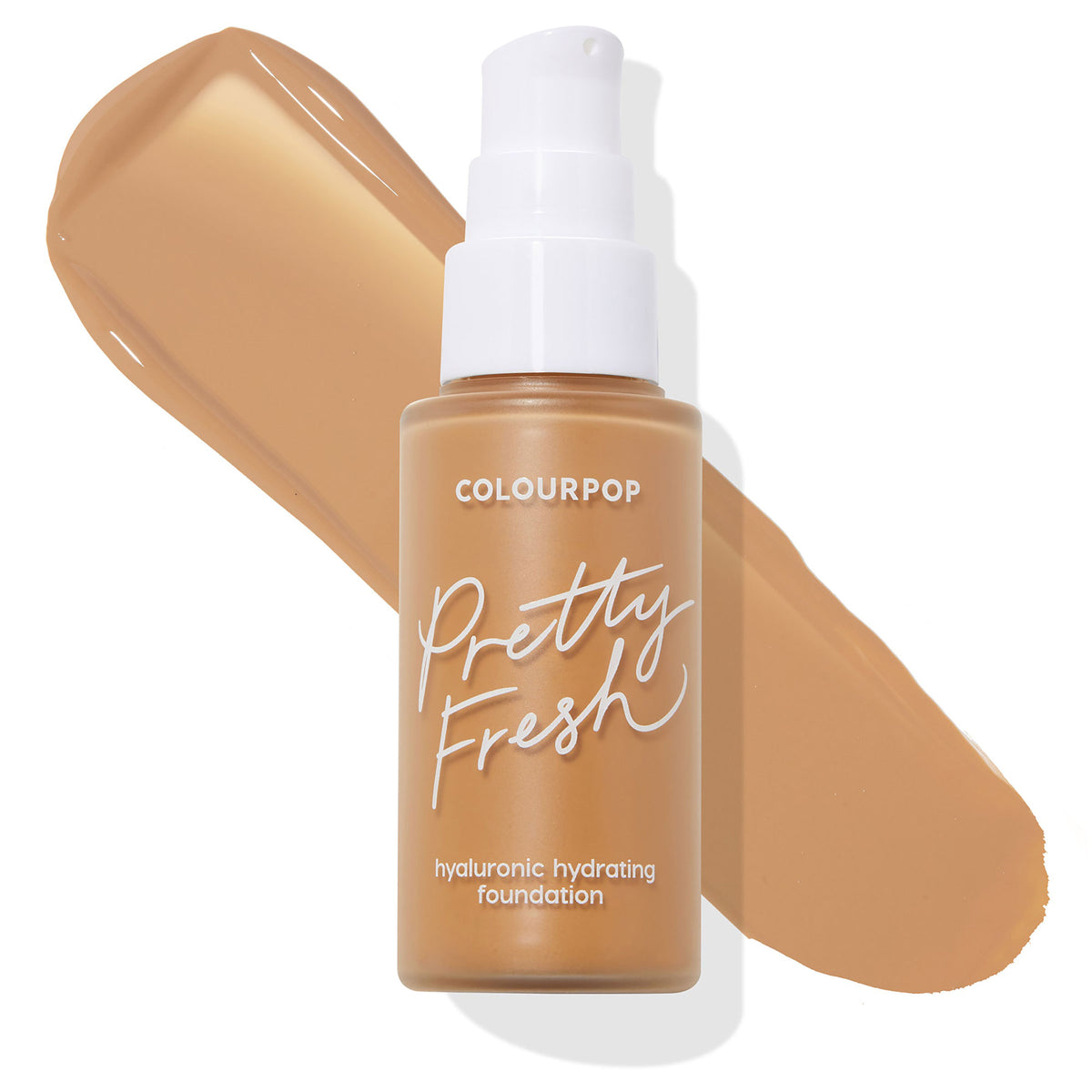 Frosted pump bottle of ColourPop Hyaluronic Hydrating Foundation, Pretty Fresh, shade Medium Dark 145 W, standing on a white background with a warm medium-dark tan swatch behind to show coverage and tone.