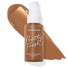 ColourPop Hyaluronic Hydrating Foundation Pretty Fresh in Deep Dark 190 W, shown in a frosted glass pump bottle with white dispenser set over a broad swatch of warm deep brown liquid on a clean white background.