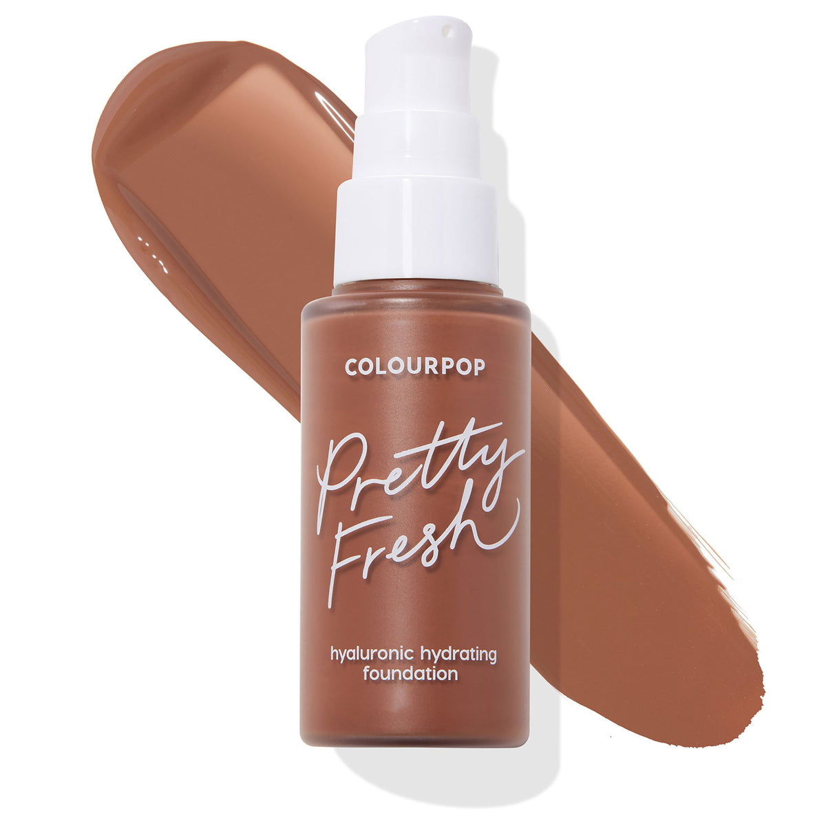 ColourPop Hyaluronic Hydrating Foundation, Deep Dark 200 N, in a frosted pump bottle labeled Pretty Fresh, set diagonally over a wide deep neutral brown swatch on a clean white background.