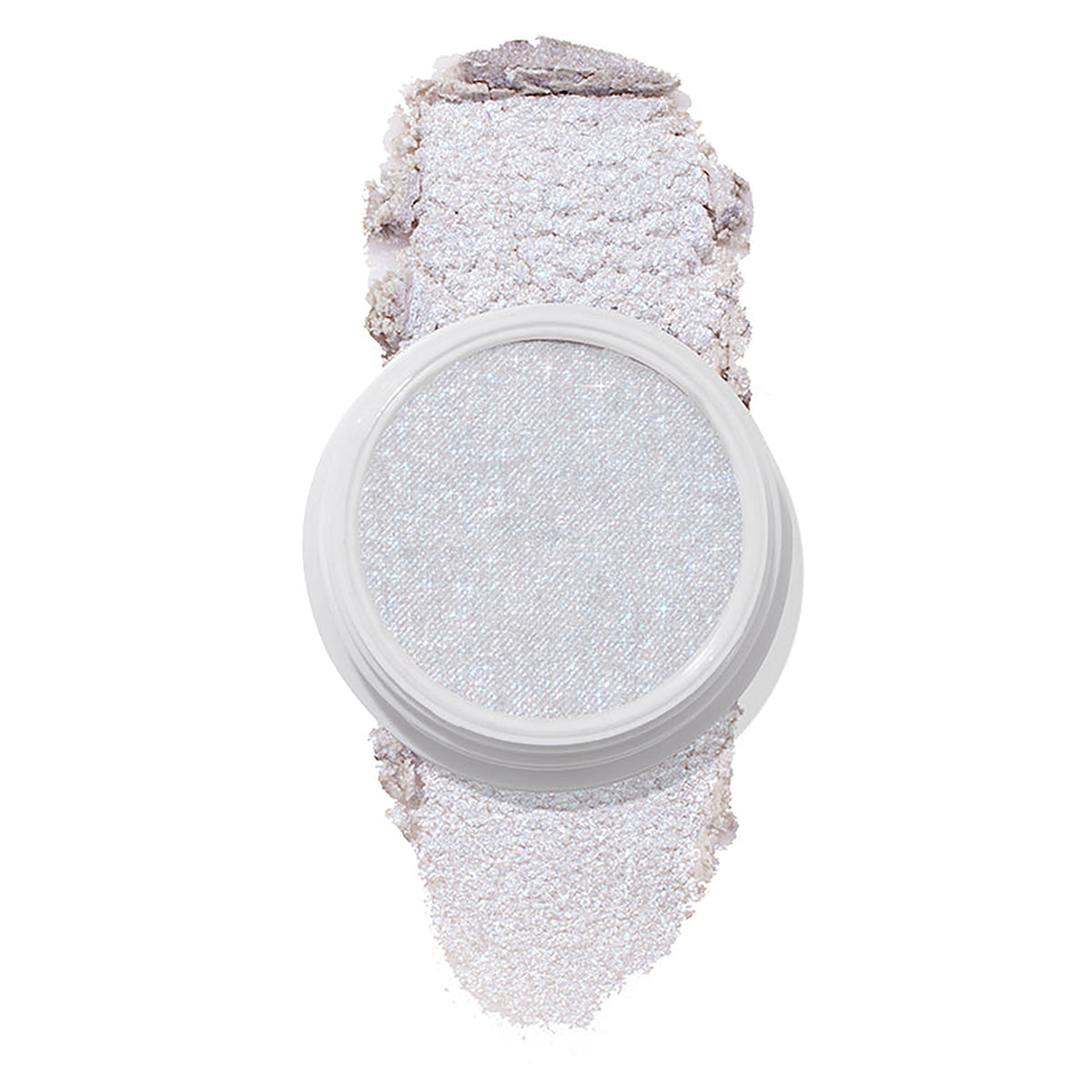 ColourPop Honeymoon Super Shock Highlighter in a white round pot, showing a pale icy-lilac, opalescent shimmer with iridescent sparkle, and a soft crushed swatch smeared above and below the pan on a white background.