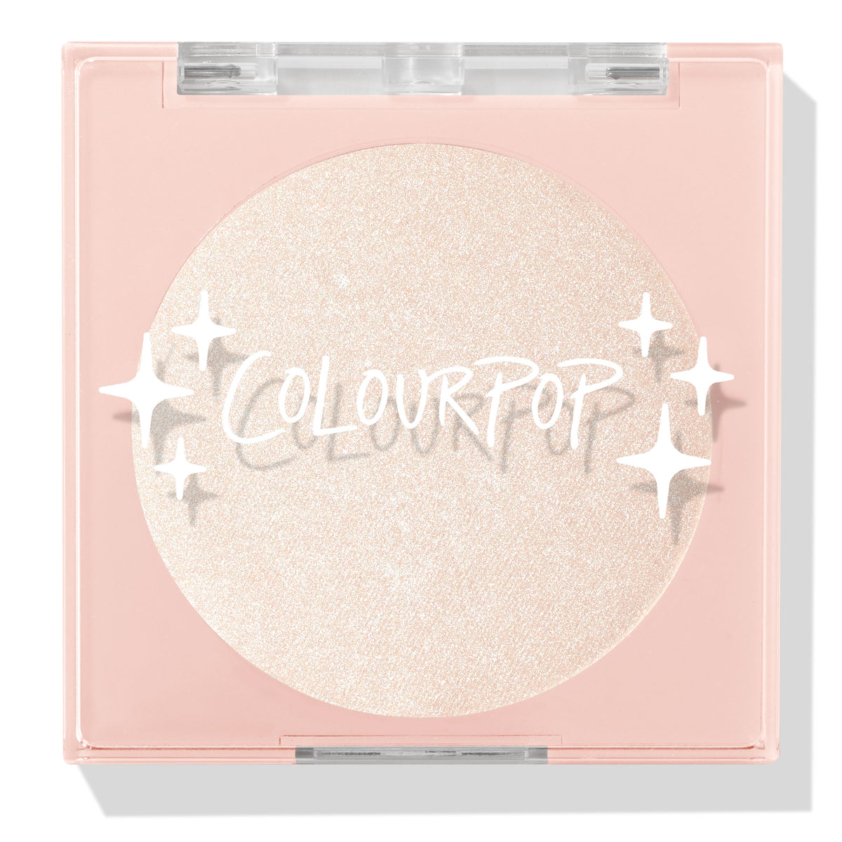 Cold One highlighter compact showcasing a shimmering icy pearl pan behind a clear lid with white sparkle icons and ColourPop logo, closed in a blush‑pink square case on a white background; ColourPop Pressed Powder Highlighter.