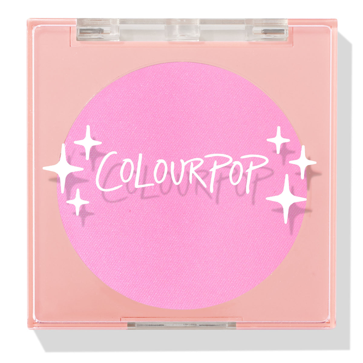 ColourPop Pressed Powder Blush in Flamingo shows a vibrant hot pink pan inside a square peach compact with a clear lid and white sparkles logo, closed and travel-friendly on a light background.