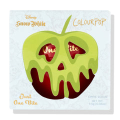 ColourPop Lip Scrub Just One Bite, a Disney Snow White collab, packaged in a white box featuring a lime-green dripping poison apple die-cut that reveals the red jar inside, gold script accents, and net wt 9.5 g (0.35 oz), shown on a white background.