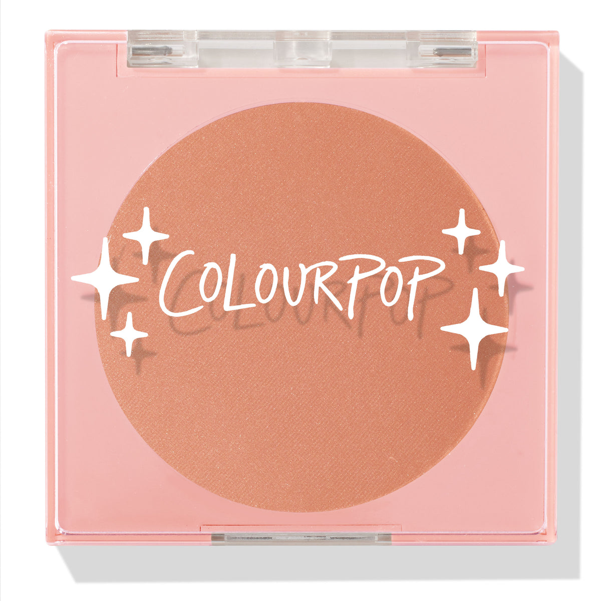 No Rules ColourPop Pressed Powder Blush displays a warm peach pan in a pink square compact with a clear lid, white ColourPop logo, and star sparkles, shown closed against a white background.