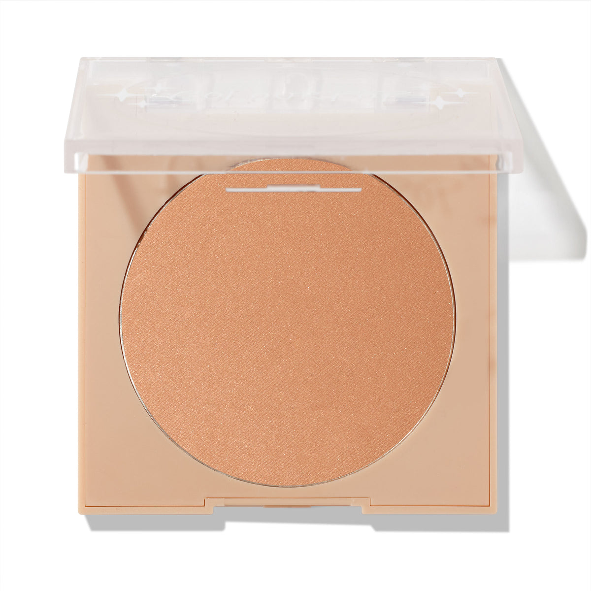 Summerland Beach pressed powder bronzer by ColourPop opens to reveal a large warm tan pan in a nude square compact with a half-open clear lid, ColourPop Pressed Powder Bronzer product shot on a white studio background.