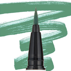 Fine felt-tip of ColourPop BFF Liquid Liner in The Hills gliding green pigment, shown with broad green swatches on a white background, highlighting the precise point for sharp eyeliner wings.
