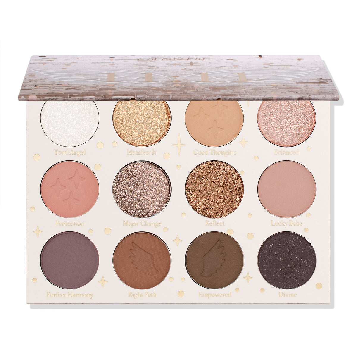 11:11 ColourPop Shadow Palette sits with lid half open, revealing 12 neutral shades - mattes and glittery metallics in ivory, gold, rose, taupe, warm browns, plum, and deep charcoal - with star/wing embossing and shade names on a white background.