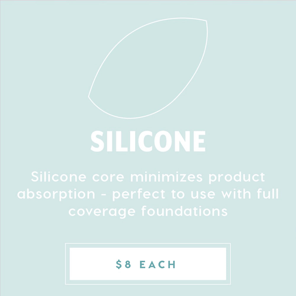 Silicone Blending Sponge - clear, leaf-shaped makeup sponge with a silicone core that minimizes product absorption, ideal for full-coverage foundation; promo graphic lists $8 each, featured in ColourPop Makeup Tools & Accessories.