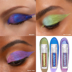 ColourPop Feelin’ Bold chrome liquid shadow swiped on lids - blue‑violet Morpho applied with a doe‑foot, lime‑green See U Later wing, and pink‑purple Same Vibe - shown beside three tubes over matching iridescent swatches.