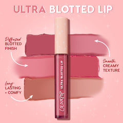 ColourPop Ultra Blotted Lip in Keep It Classy stands centered with a pale pink cap and berry tube, framed by rosy, mauve, and nude swatches that showcase a diffused blotted finish, smooth creamy texture, and long‑lasting comfy wear on a pink gradient background.