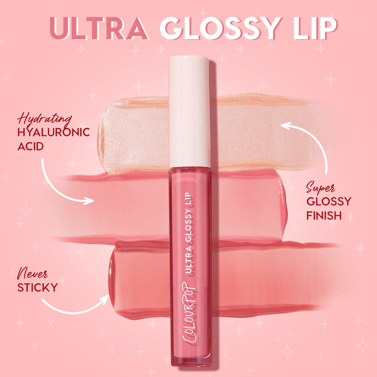 ColourPop Ultra Glossy Lip in 20 Carats stands centered with a white cap over shimmery champagne and rosy swatches, highlighting hydrating hyaluronic acid and a super glossy, never-sticky finish on a pink starry backdrop.