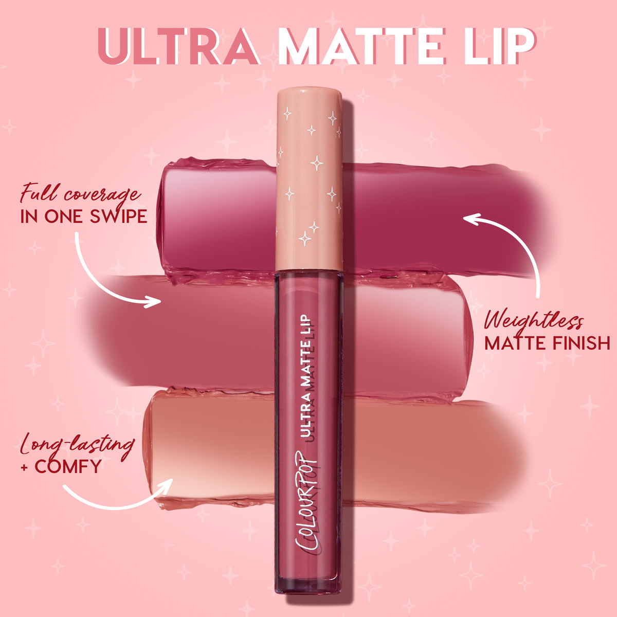 ColourPop Ultra Matte Lip Panther liquid lipstick stands centered with a blush‑pink cap over nude, rose, and berry swipe swatches, showcasing full‑coverage, weightless matte, long‑lasting comfy wear on a pink graphic backdrop.