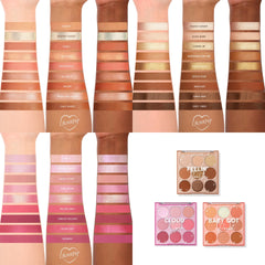 Rainbow Rush ColourPop Shadow Palette Set shows arm swatches on light to deep skin tones, highlighting three 9-pan palettes in neutrals, pinks, and peaches with matte and shimmer finishes, displayed beside the open compacts.