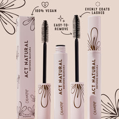 ColourPop Act Natural Mascara, Brown, displays an open tube with dense spoolie beside a closed tube and box, highlighting 100% vegan, easy-to-remove, evenly coats lashes; soft pink packaging with brown floral accents on a beige backdrop.