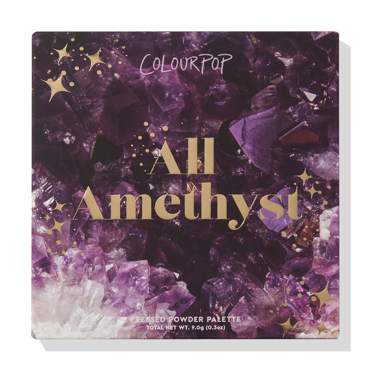 All Amethyst ColourPop Shadow Palette shown closed, a square pressed powder palette with purple amethyst crystal artwork and gold star accents, bold gold title on the lid, 9.0 g (0.3 oz), photographed on a white background.