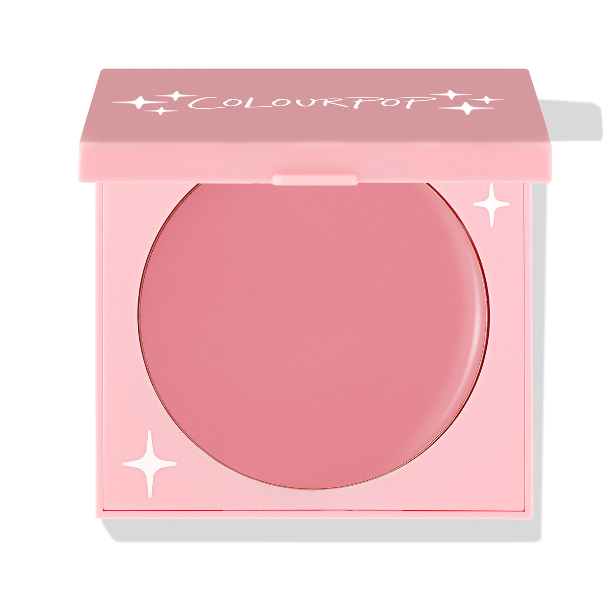 ColourPop Angel Energy cream blush compact opens to reveal a rosy pink pan, shown half-open in a square pastel-pink case with white star details and COLOURPOP logo on the lid, a ColourPop Cream Blush product on a clean white background.