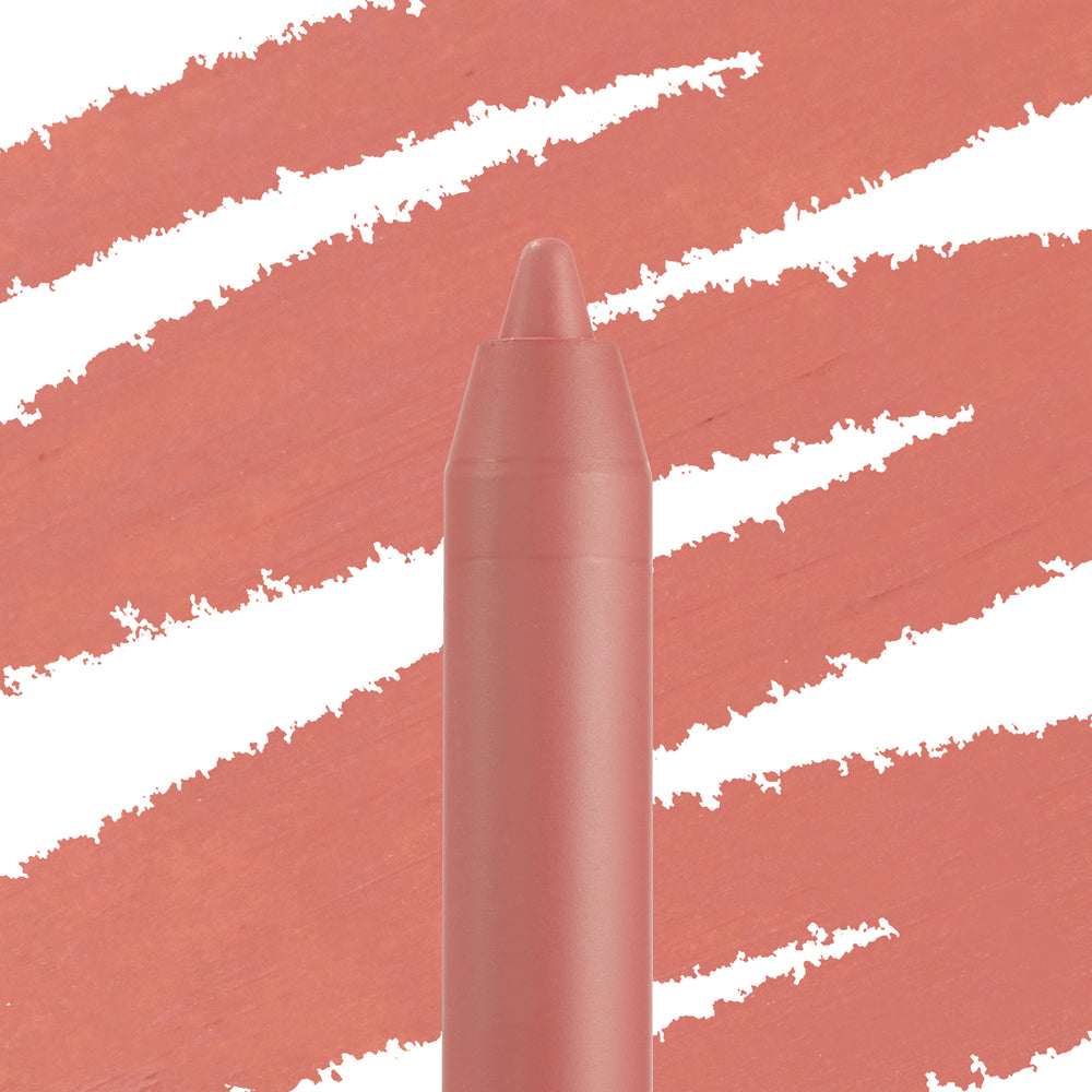 ColourPop Lippie Pencil in Another Round, a warm pinky-peach nude liner, showing its sharpened tip against diagonal swatches of the same shade on white, ideal for precise lip lining and pairing with nude lipsticks.