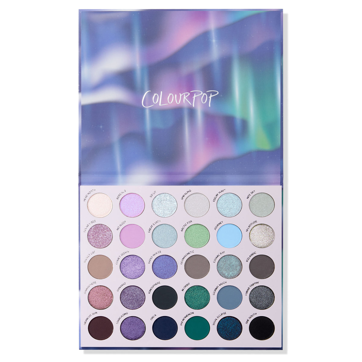 Aurora Struck eyeshadow palette fully open on white, 30 lilac, mint, blue, teal and black shades