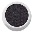 ColourPop Bae Super Shock Shadow shimmering in a white round pot, a deep plum-black cream eyeshadow packed with teal and blue microglitter and a quilted texture, shown close-up on a clean white background.