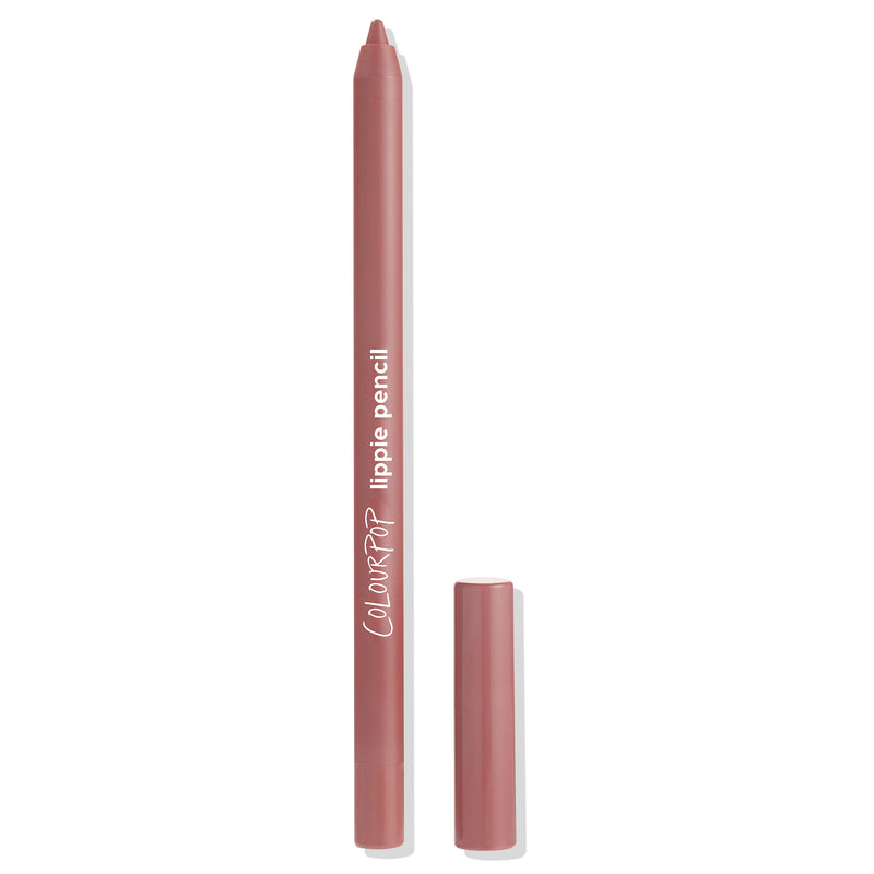 Beeper ColourPop Lippie Pencil standing upright with cap removed, showing a rosy mauve nude tip; matte rose-brown barrel with white logo and cap set beside on a white background for precise lip lining.