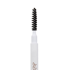 Spoolie brush end of the ColourPop Cool Cocoa Pencil brow pencil, black spiral bristles ready to groom and blend, attached to a sleek white tube, shown upright in a clean close-up on a white background.