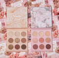 Blushing Nude Shadow Palette Set showcases two open ColourPop 9-pan palettes - Nude Mood and Blush Crush - displaying matte and shimmer nude and rosy shades, set on floral pink packaging; a versatile ColourPop Shadow Palette Set.
