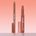 ColourPop Lippie Stix + Pencil Set in Stripped Down shown uncapped - nude-brown lip pencil and matching Lippie Stix standing upright with clear caps beside them - on a soft pink gradient background, ideal for precise lining and creamy coverage.