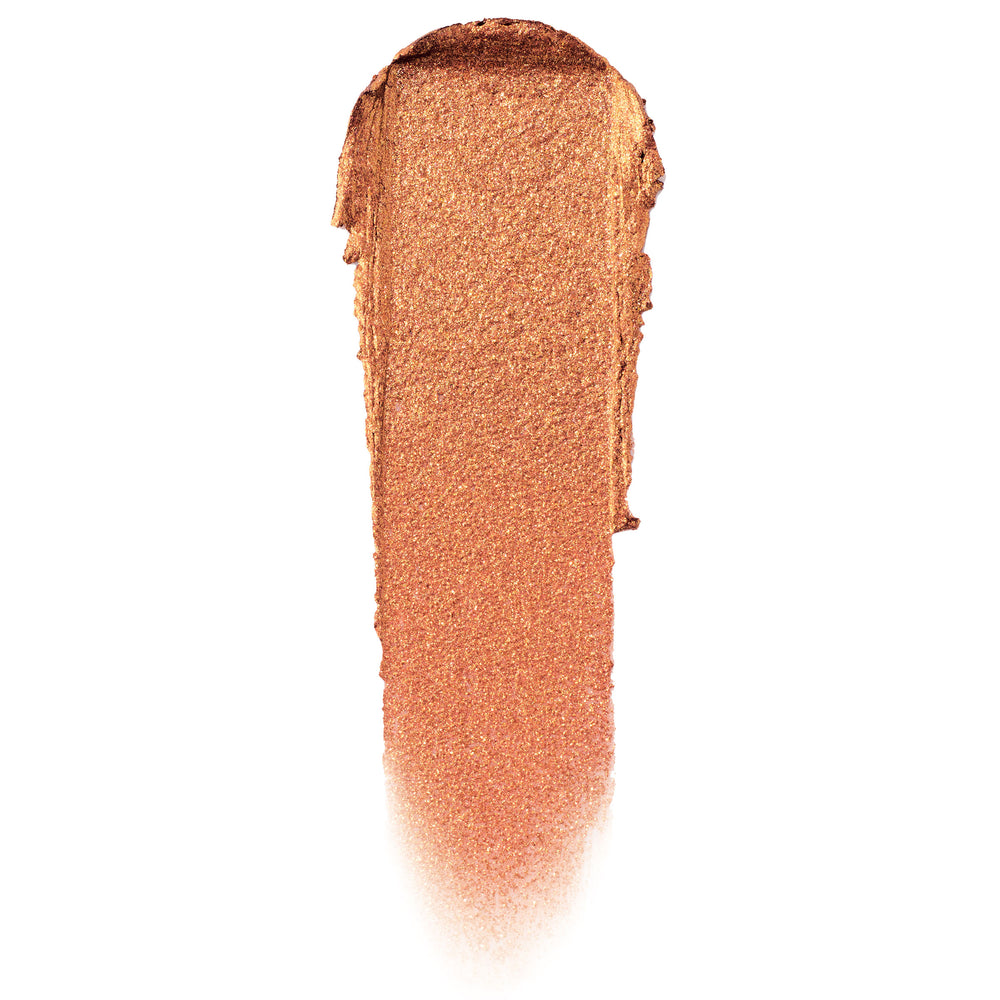 Brentwood ColourPop Jelly Much Shadow swatch, a metallic copper-bronze gel eyeshadow smear with gold shimmer, fanned to a soft fade on a white background, showcasing the Jelly Much Shadow texture and reflective finish.