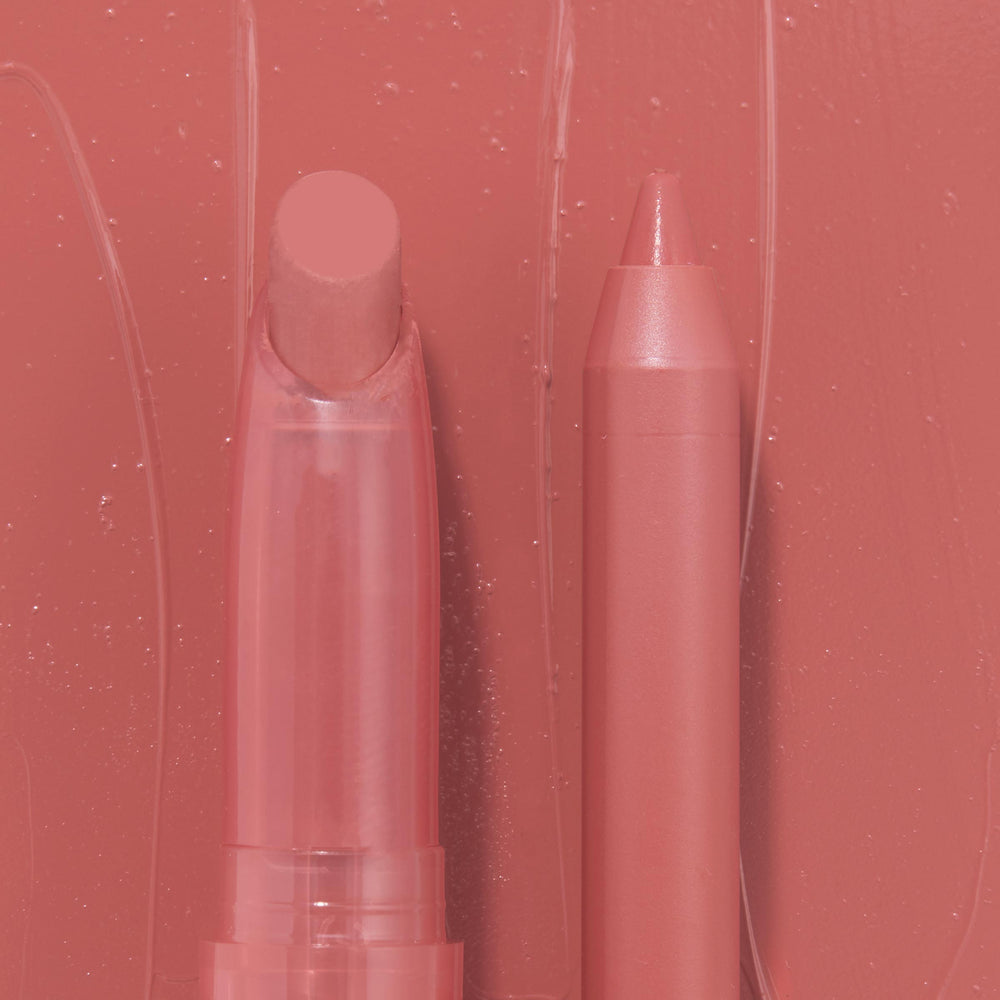 Perfect Duo ColourPop Lippie Stix + Pencil Set with creamy Lippie Stix and matching lip pencil standing side by side, showcasing a warm rosy nude shade against a glossy swatched background for precise lining and smooth color payoff.
