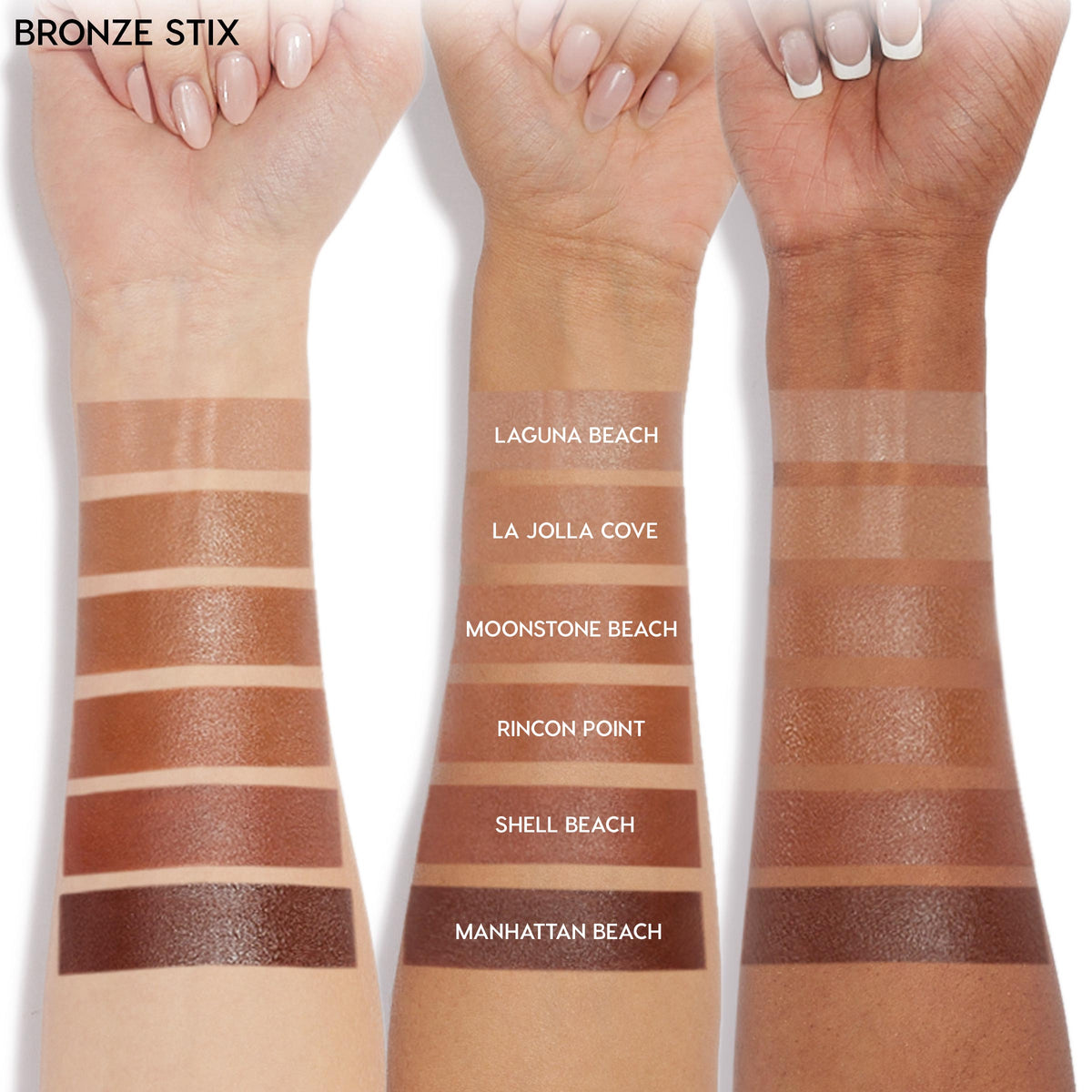 Rincon Point Bronzer Stix swatched on three arms, revealing a warm medium‑tan cream bronzer stripe among six labeled shades, showing blendable payoff across skin tones from light to deep in the ColourPop Bronzer Stix collection.