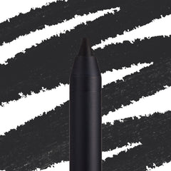 ColourPop Lippie Pencil Bull Chic defining lips in deep matte black, shown in macro with a sharpened tip against bold black swatch streaks on a white backdrop for precise lip lining.