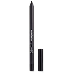 Bull Chic ColourPop Lippie Pencil stands uncapped to reveal its deep black lip liner tip, the matte black barrel labeled “lippie pencil,” with the glossy cap placed beside it on a clean white background.