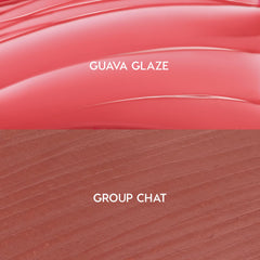 Glazed Pout swatches show ColourPop So Juicy Plumping Lip Liner & Balm Set: top glossy coral balm “Guava Glaze” and bottom warm rosy-brown liner “Group Chat,” split panel highlighting texture and shade pairing.