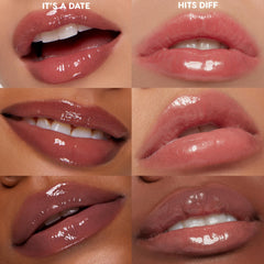 Glossy lips wearing Juicy Moment, the ColourPop So Juicy Lip Oil Set, shown in a 6-tile swatch grid with two shades - It’s a Date and Hits Diff - applied on varied skin tones to showcase high-shine, cushiony finish and sheer rosy nude color.