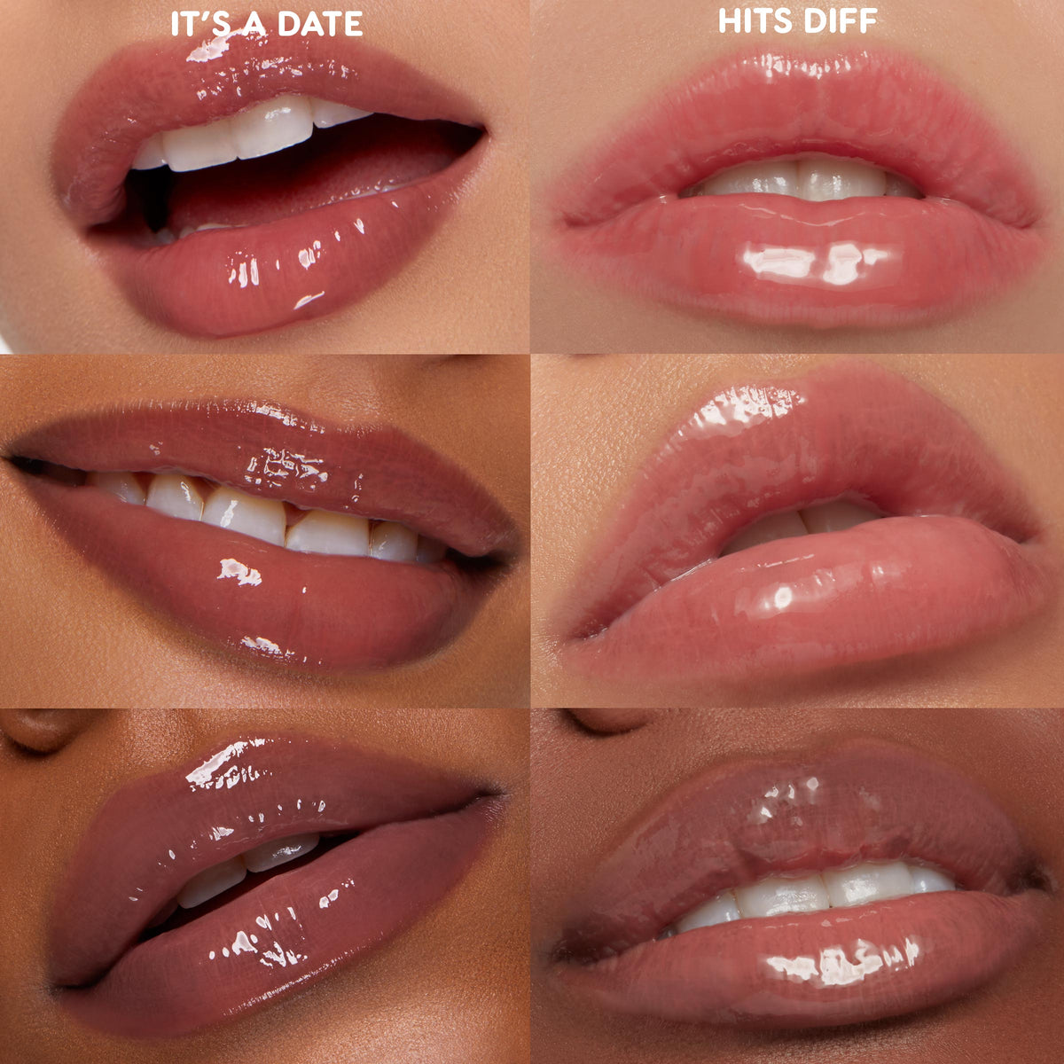 Glossy lips wearing Juicy Moment, the ColourPop So Juicy Lip Oil Set, shown in a 6-tile swatch grid with two shades - It’s a Date and Hits Diff - applied on varied skin tones to showcase high-shine, cushiony finish and sheer rosy nude color.