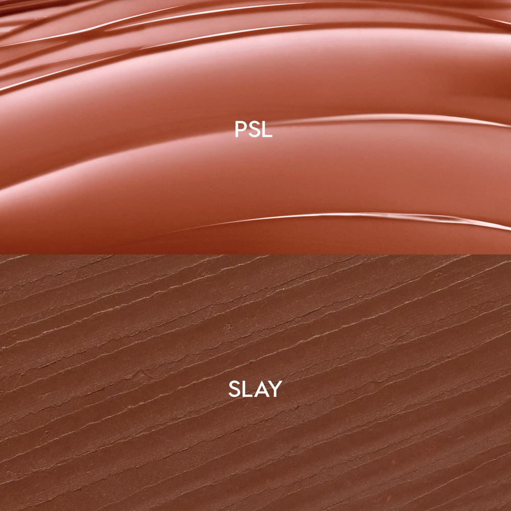 Swatches show a glossy terracotta balm labeled PSL over a matte deep cocoa liner labeled SLAY, demonstrating shade and texture of the Smooches ColourPop So Juicy Plumping Lip Liner & Balm Set, with smooth curved balm streaks and fine liner strokes.