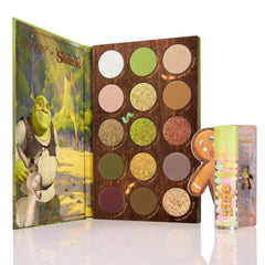 Shrek-Spress Yourself ColourPop Lip and Eye Set featuring an open 16-pan Shrek palette of greens, golds, and browns in matte and shimmer, plus a Candy lip oil with Gingy artwork; displayed upright on a clean white background.
