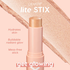 ColourPop Lite Stix highlighter Sunlight stands uncapped, revealing a champagne‑gold stick for a buildable radiant glow; callouts highlight hydrating, mess‑free wear, with a sweeping shimmer swatch behind on a blush pink background.