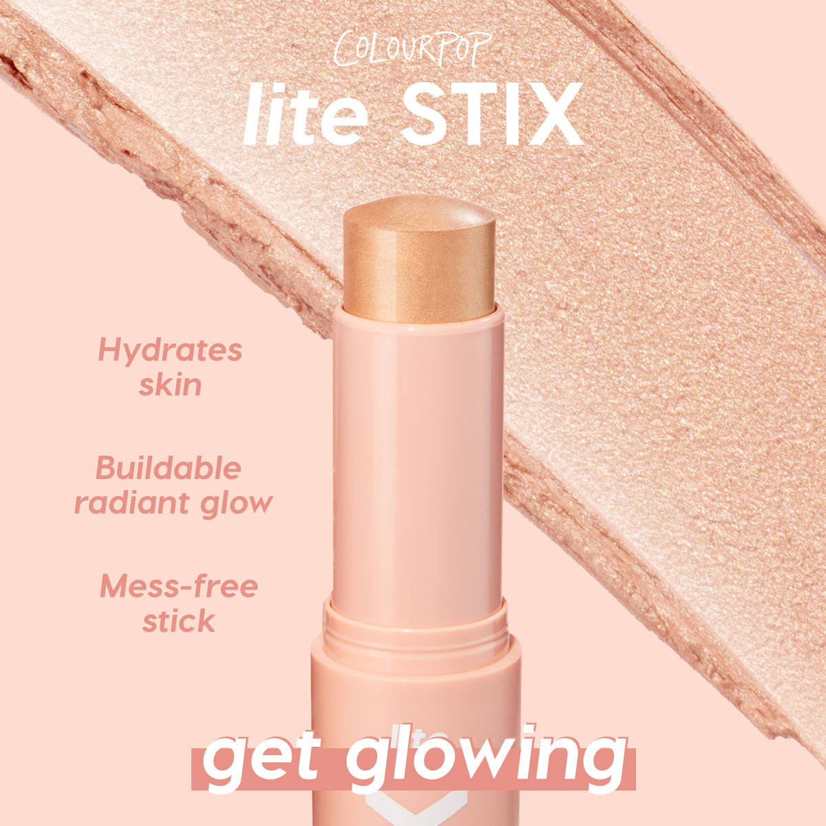 ColourPop Lite Stix Molten Hot highlighter stands uncapped, showing a champagne-gold cream tip as a shimmery swatch arcs behind; peach tube on blush-pink backdrop with callouts: Hydrates skin, Buildable radiant glow, Mess-free stick - get glowing.