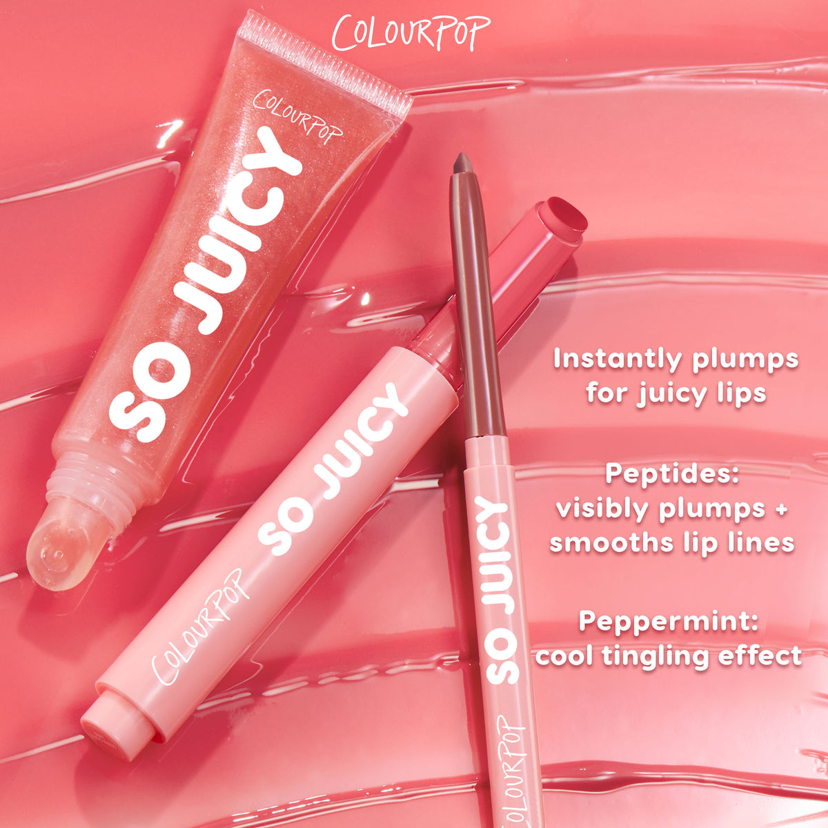 ColourPop So Juicy Plumping Lip Liner with Peptides in Westwood, cap off to show a rosy-brown tip, pairs with So Juicy gloss on a glossy pink backdrop; callouts highlight peptides for smoothing, instant plumping, and a peppermint tingle.