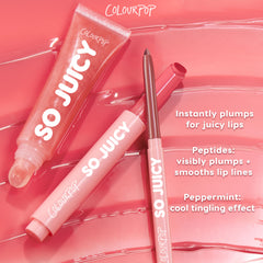 ColourPop So Juicy Plumping Lip Liner with Peptides in Slay sits uncapped beside a matching So Juicy gloss on a glossy pink swirled background, emphasizing peptide-powered plumping and a peppermint tingle for smoother, juicy lips.