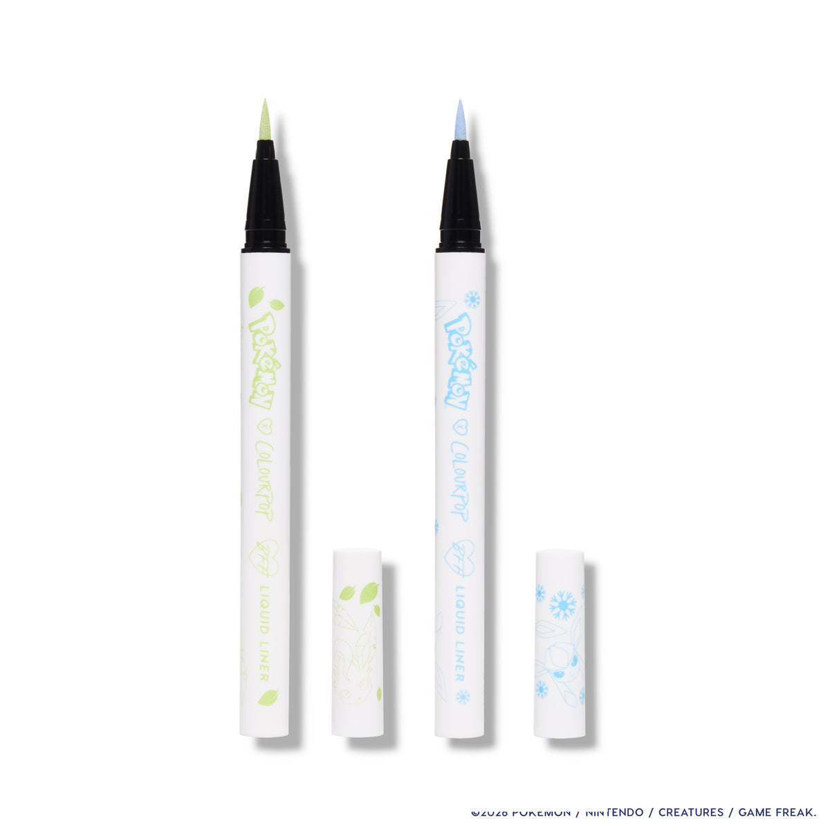 Glaceon and Leafeon BFF Liquid Liner pens uncapped on white