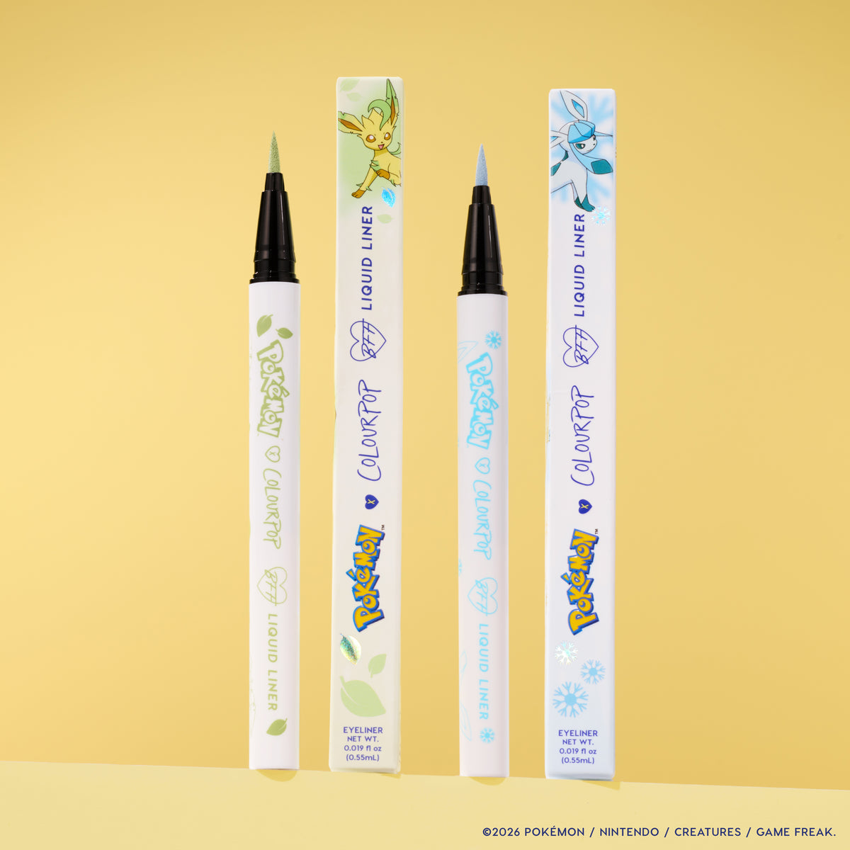 Glacial Forest duo: Glaceon baby blue and Leafeon sage green BFF Liquid Liners next to their boxes