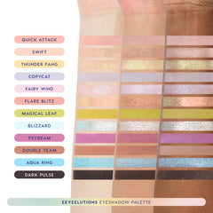 Eeveelution Eyeshadow Palette arm swatches of all 12 shades, from Quick Attack soft pinky nude to Dark Pulse black, on three skin tones