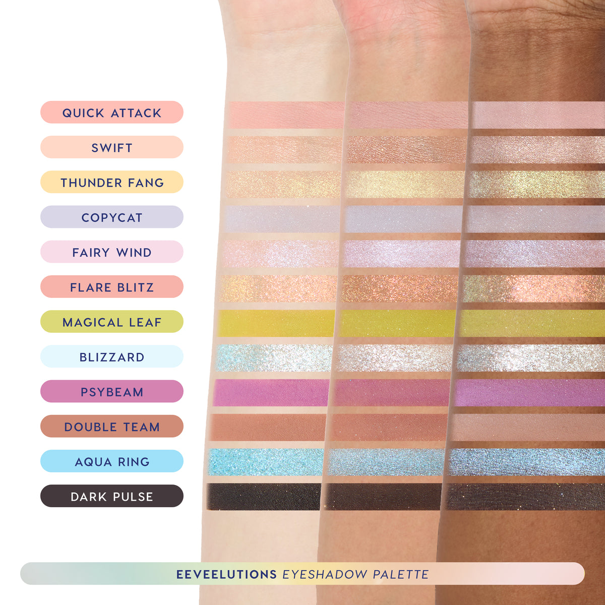Eeveelution Eyeshadow Palette arm swatches of all 12 shades, from Quick Attack soft pinky nude to Dark Pulse black, on three skin tones