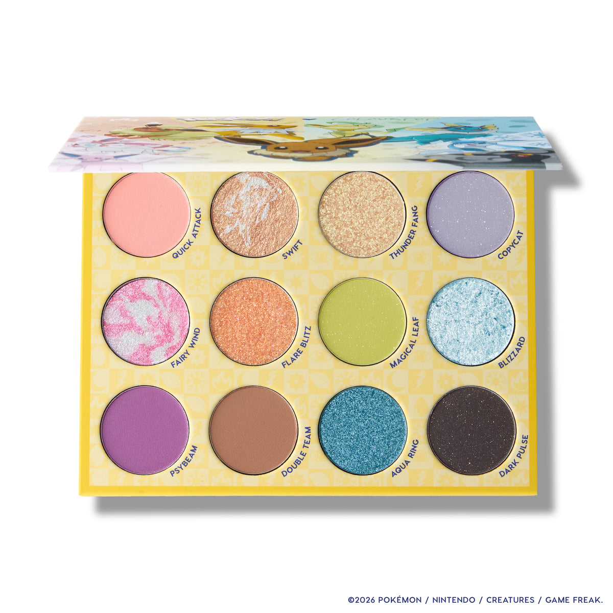Eeveelution Eyeshadow Palette open to 12 shades: pinky nudes, golds, peach, lime green, icy blue, violet, brown, teal and black