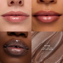 Eevee Fresh Kiss Glossy Lip Balm, sheer nude with multi-colour sparkle, swatched on three lip tones with a texture close-up