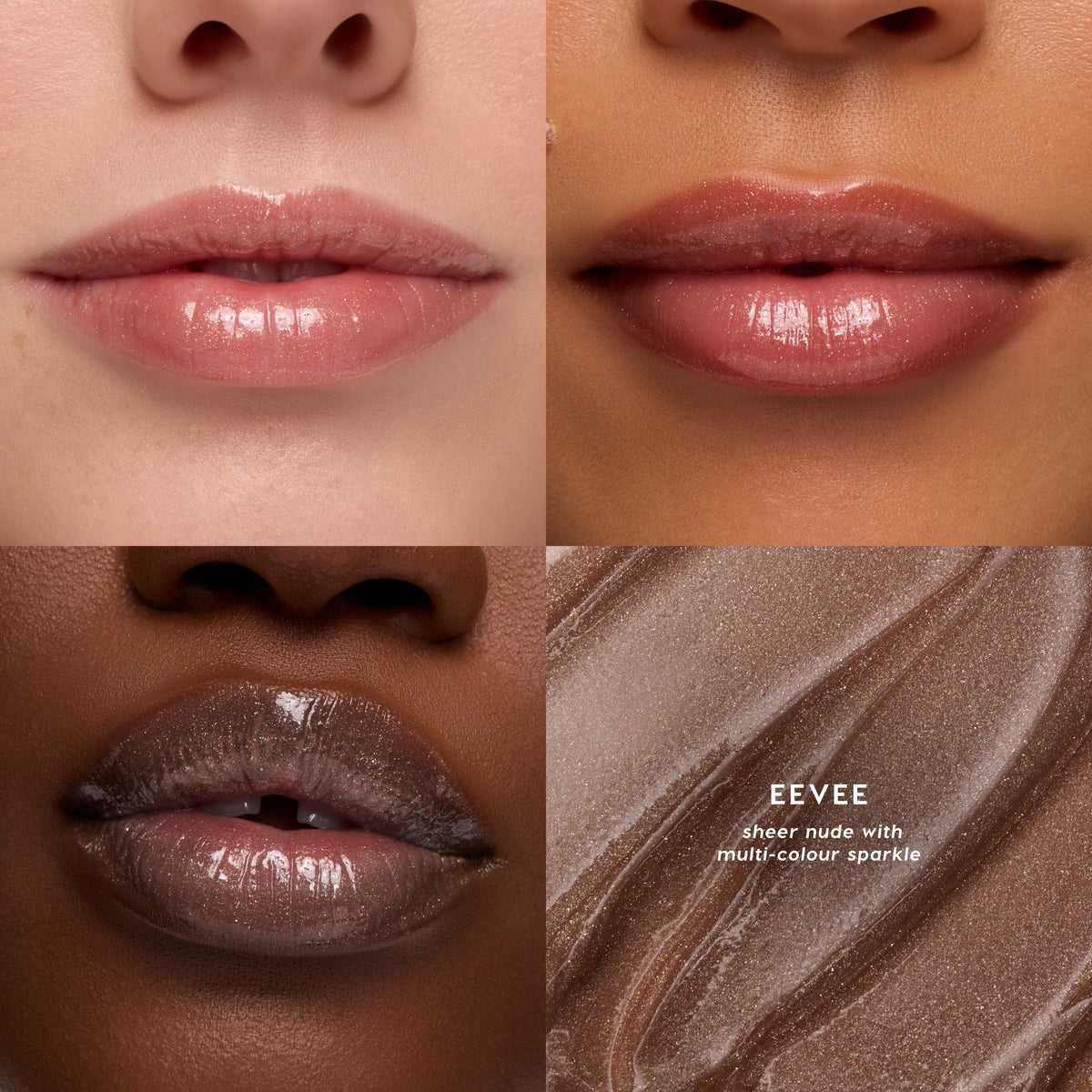 Eevee Fresh Kiss Glossy Lip Balm, sheer nude with multi-colour sparkle, swatched on three lip tones with a texture close-up