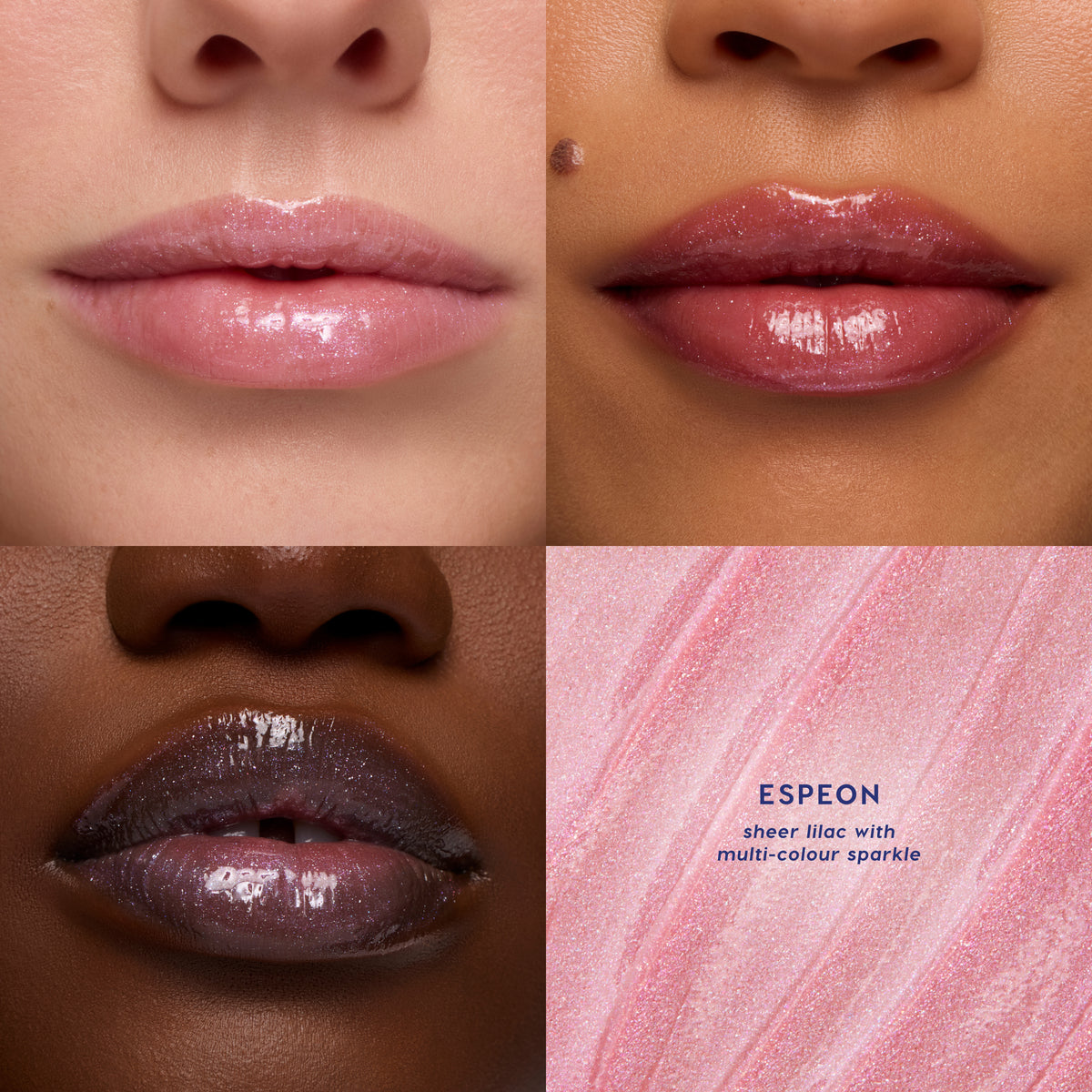 Espeon Fresh Kiss Glossy Lip Balm, sheer lilac with multi-colour sparkle, swatched on three lip tones with a texture close-up