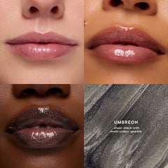 Umbreon Fresh Kiss Glossy Lip Balm, sheer black with multi-colour sparkle, swatched on three lip tones with a texture close-up
